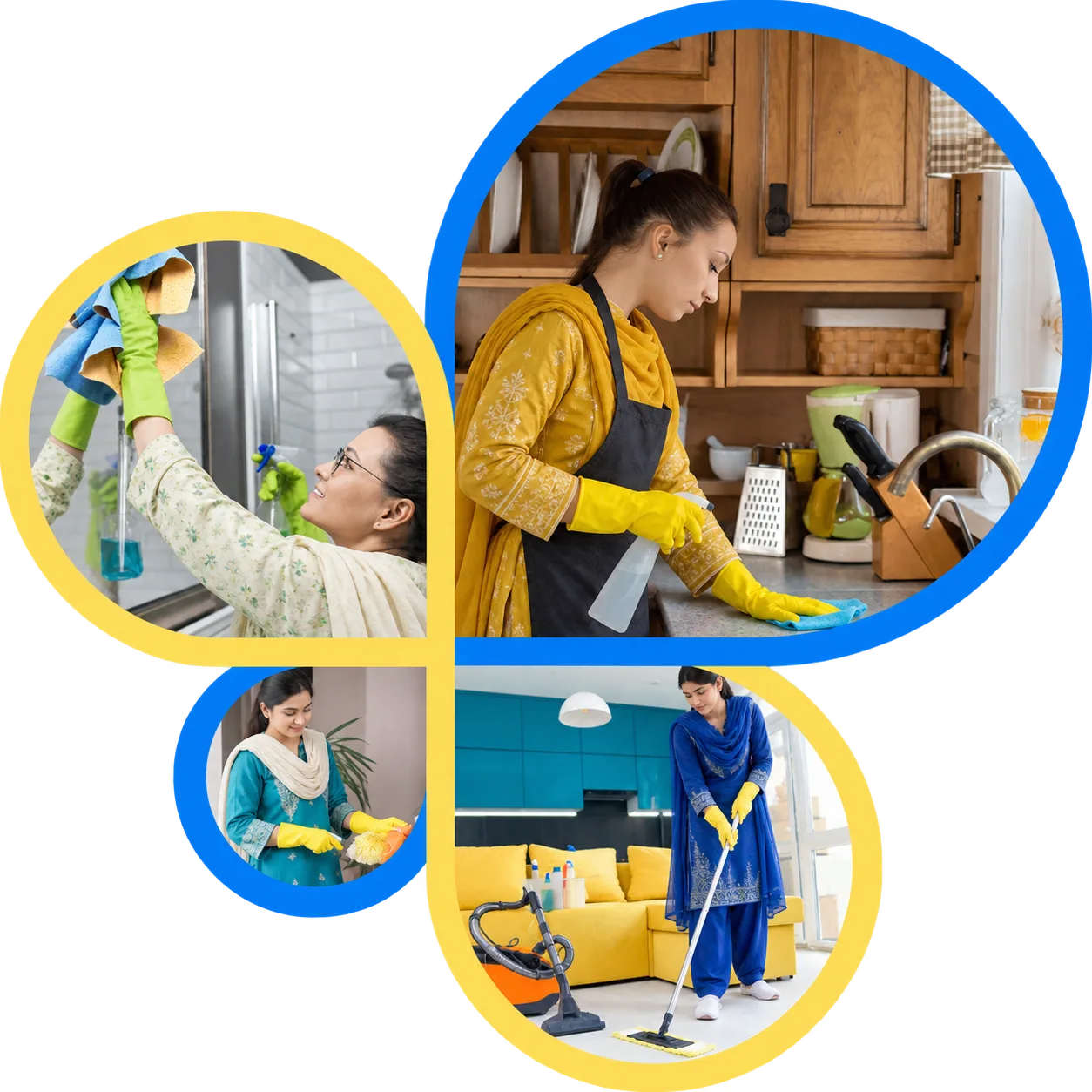 Household cleaning staff wearing Pakistani shalwar kameez in a blue and yellow photo collage