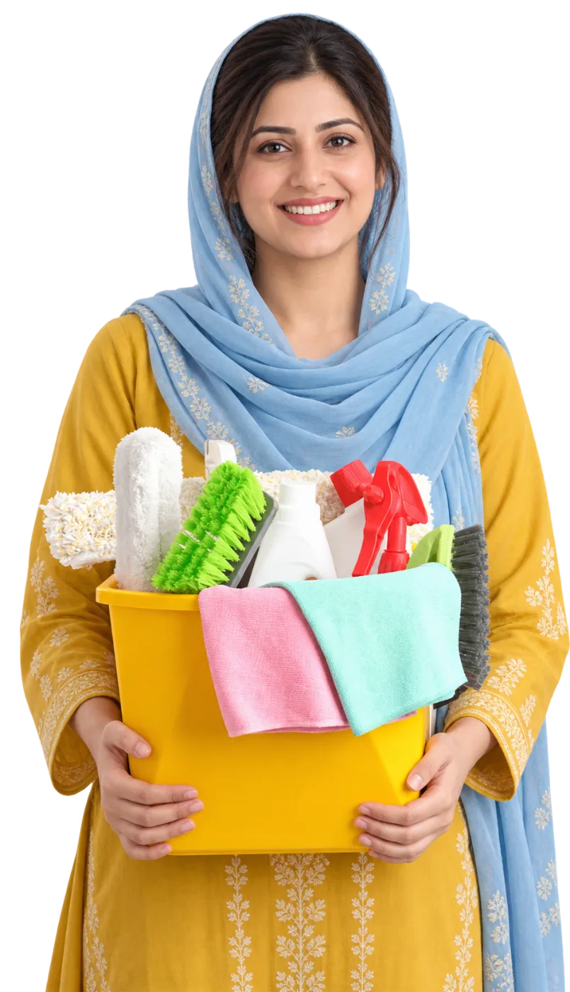 Pakistani household helper holding cleaning supplies