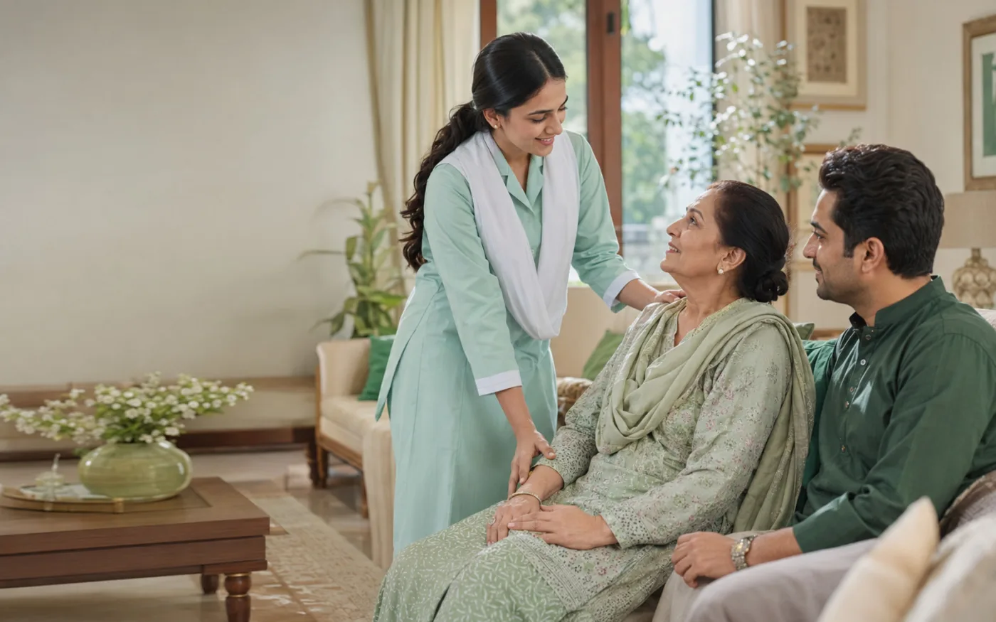 Caregiver supporting an elderly woman
